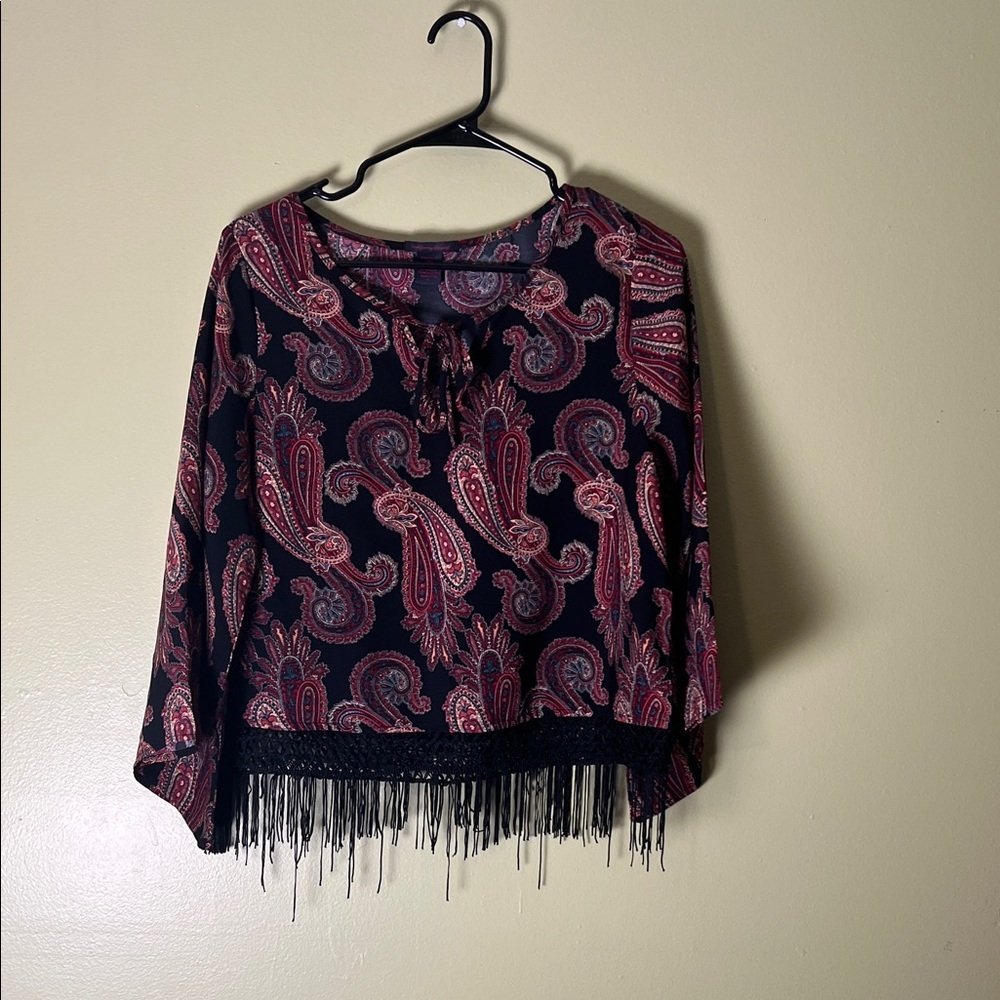 Imaginary Voyage Black and Red Paisley Fringe Blouse